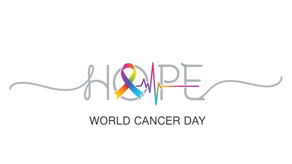 World cancer day logo with colorful ribbon and heartbeat symbolizing hope and awareness against cancer on a white background