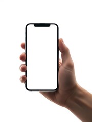 Hand holding blank white screen smartphone against white background mobile