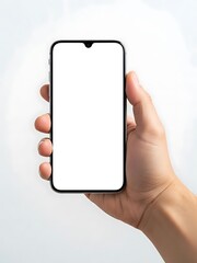 Hand holding a smartphone with a blank white screen mobile
