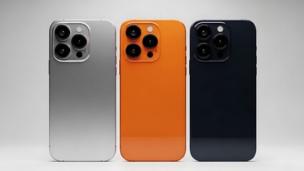 Three smartphones in silver orange and dark blue colors mobile technology gadget