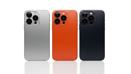 Three smartphones in silver orange and dark blue colors technology mobile device