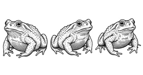 Trio of detailed frog illustrations in black and white