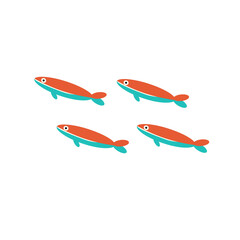 Colorful funky decorative sardines. Bright flat illustration. Drawn sardine, tuna, salmon, mackerel.