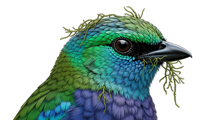 Obraz premium Detailed Colorful Exotic Bird Head Illustration with Mossy Feathers on White Background.