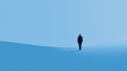 Solitary Figure Walking Across a Minimalist Blue Landscape