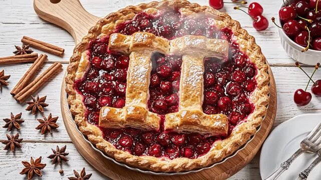Delicious cherry pie with pi symbol on top, surrounded by cherries and spices