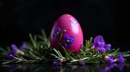 Macro Shot of Vibrant Fuchsia Easter Egg with Pressed Pansies on Fresh Herbs