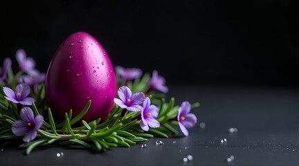 Macro Shot of Vibrant Fuchsia Easter Egg with Pressed Pansies on Fresh Herbs