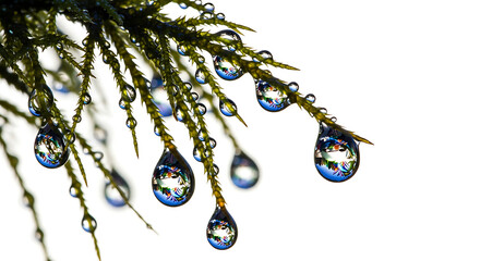 Fototapeta premium Macro shot of vibrant inverted reflection inside fresh dew droplets on moss.