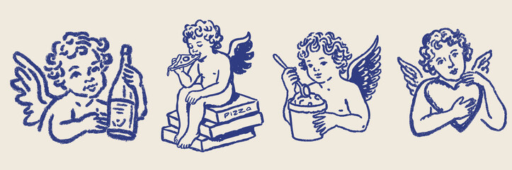 Fototapeta na wymiar Hand drawn romantic cupid cherub doodles with pizza, ice cream and champagne for valentines day