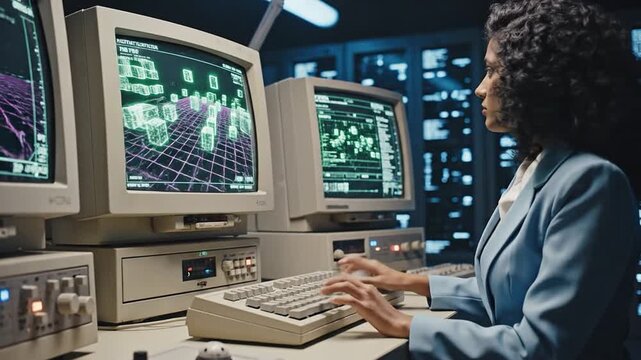Data professional woman using retro computer in cyberpunk server room Young engineer coding on vintage CRT monitor screen 80s aesthetic