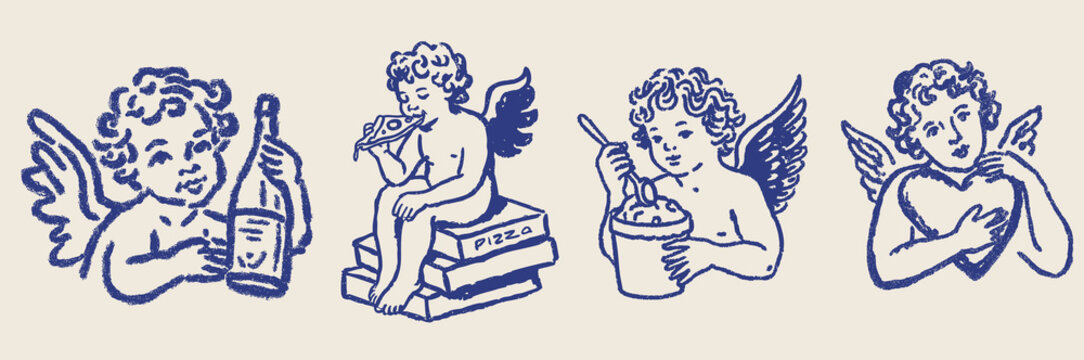 Hand drawn romantic cupid cherub doodles with pizza, ice cream and champagne for valentines day