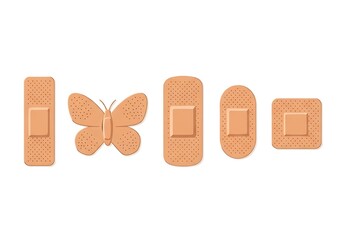 Different shapes of adhesive bandages with butterfly style isolated on white background