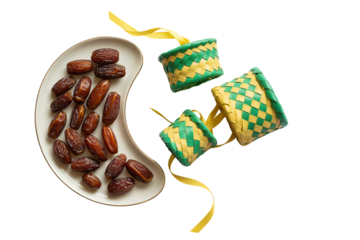 Dates on a plate with traditional woven Ramadan gift boxes on transparent background eid halal food healthy snack basket green and