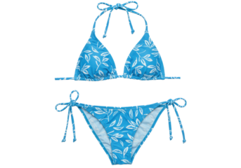 Vibrant blue women's triangle halter-neck bikini with white leaf pattern, tie-side bottom, smooth quick-drying fabric, on transparent studio background, high-key product concept