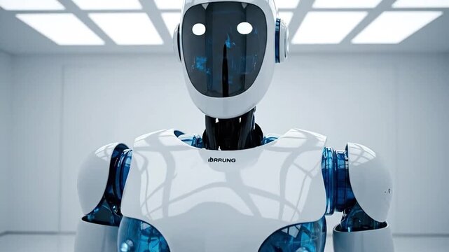 Humanoid Robot Standing in Minimalist Futuristic Laboratory AI Technology Concept Modern Android Machine Artificial Intelligence Science