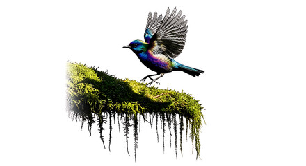 Obraz premium Iridescent tropical bird landing on vibrant green mossy jungle vegetation cutout