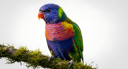 Vibrant Rainbow Lorikeet parrot perched on mossy branch against bright background.