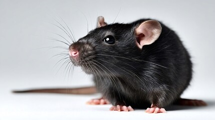 Black rat with pink ears and nose standing on a plain white surface, looking left while showing its long whiskers and smooth fur, creating a clean studio shot