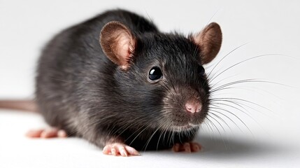 Black rat portrait with long whiskers and pink nose on white background, studio macro shot representing pest control, laboratory animal, pet or urban wildlife themes