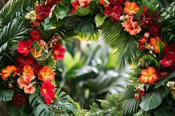 A lush circular wedding arch filled with vibrant red and orange tropical flowers and greenery, radiating warmth and energy,