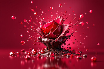 Red crystalline gemstone splashing into dark liquid chocolate on a rich red background