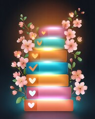 The Success Blueprint for Mindful Leadership, Flat icon of a staircase made of floating checklists and heart-shaped steps, leading toward a glowing mountaintop, with spring blossoms 
