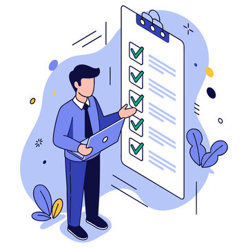 Businessman reviewing task list on clipboard with laptop illustration