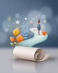 The Success Blueprint for Mindful Leadership, Silhouette of a person unrolling a glowing blueprint on a pastel path, with heart and star icons embedded along the way, surrounded by seasonal leaves 