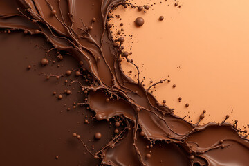 Diagonal flow of thick liquid chocolate with intricate splatters on a warm background