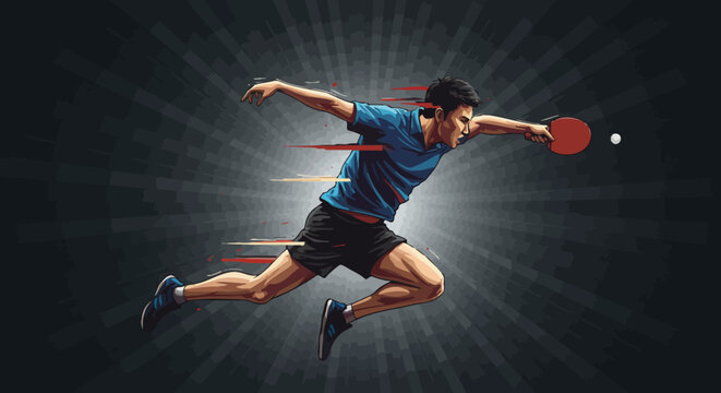 Dynamic table tennis player in action burst with motion lines