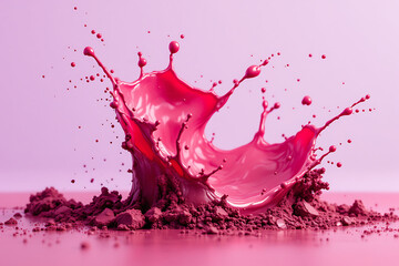 Vibrant Pink Liquid Paint Splashing from a Pile of Magenta Pigment Powder in a Studio Setting