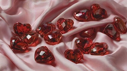 Red faceted heart shaped gemstones scattering on soft, draped pink silk fabric, creating a luxurious and romantic background for love and celebration concepts