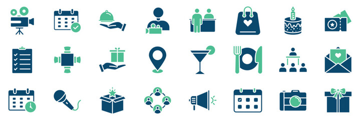 Event planning web icons. Management, catering, registration, wedding, coordination, entertainment, invitations, logistics,  collection. Vector illustration. EPS 10