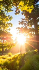Sunlight streams through a forest canopy, illuminating a grassy path leading into the trees. Warm and serene