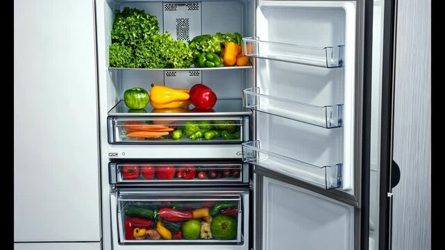Video A filled refrigerator with various food items inside