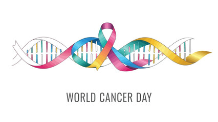 Colorful dna double helix with ribbon for world cancer day awareness campaign design