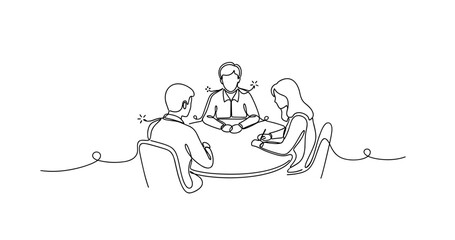Team meeting sketch: three people discussing around a table, no editable stroke