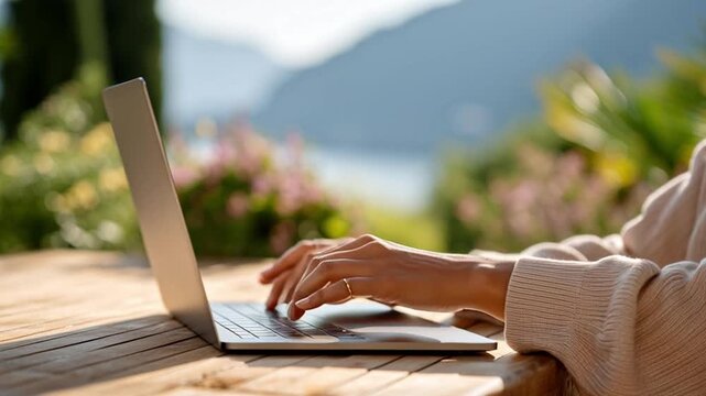 A person types on a laptop while seated at a wooden table outside. The setting features a lush landscape and mountains in the background, indicating a relaxed work atmosphere.
