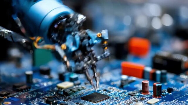 Medium shot of a robotic repair assistant using micro grabbers to manipulate tiny components on electronic circuitry showcasing precise automated repairs in a hightech environment.