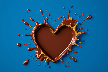 Heart Shaped Chocolate Splash with Gold Dust Accents on Blue Background