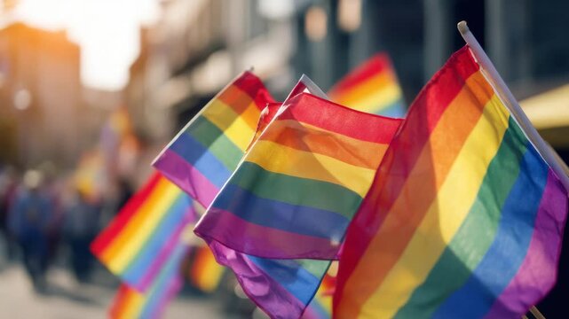 Rainbow pride flags waving in a street parade, symbolizing LGBTQ+ rights and celebration