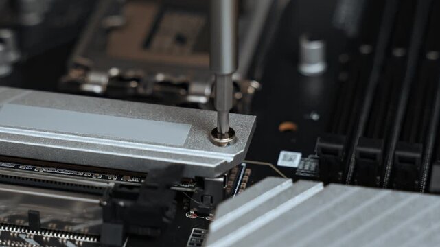 The master tightens the screw on the radiator of cooling of SSD m2 sata on the motherboard. PC assembly. 4k