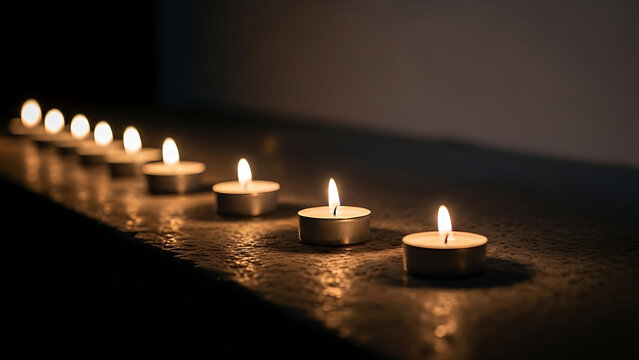 Row of lit tea lights on dark surface - Powered by Adobe
