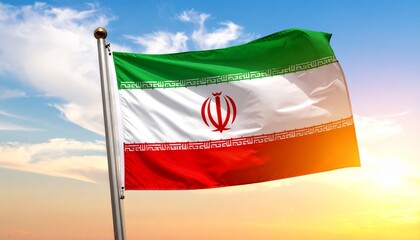 Iranian flag waving at sunset with clouds and sky