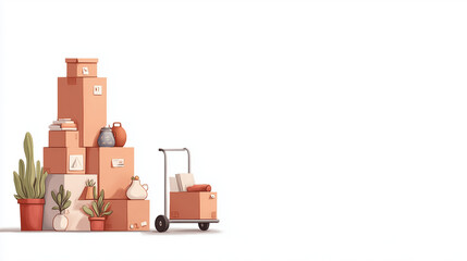 Illustration of packing boxes and a cart, conveying the theme of moving, organization, and relocation services.