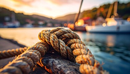 Thick rope knot on a dock, with blurred boats & hillside village in sunset light in the background