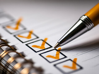 Close-up of a pen marking completed checkboxes in a spiral-bound notebook, symbolizing achievement, organization, and task management concepts