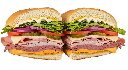 Giant Submarine Sandwich with Ham Roast Beef Cheese Lettuce Tomato and Pickles Isolated on White Background