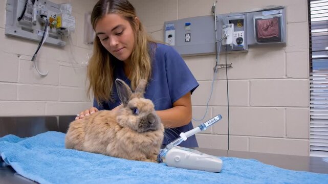 Veterinary technician conducting a routine ultrasound examination on a rabbit as part of a general health checkup.